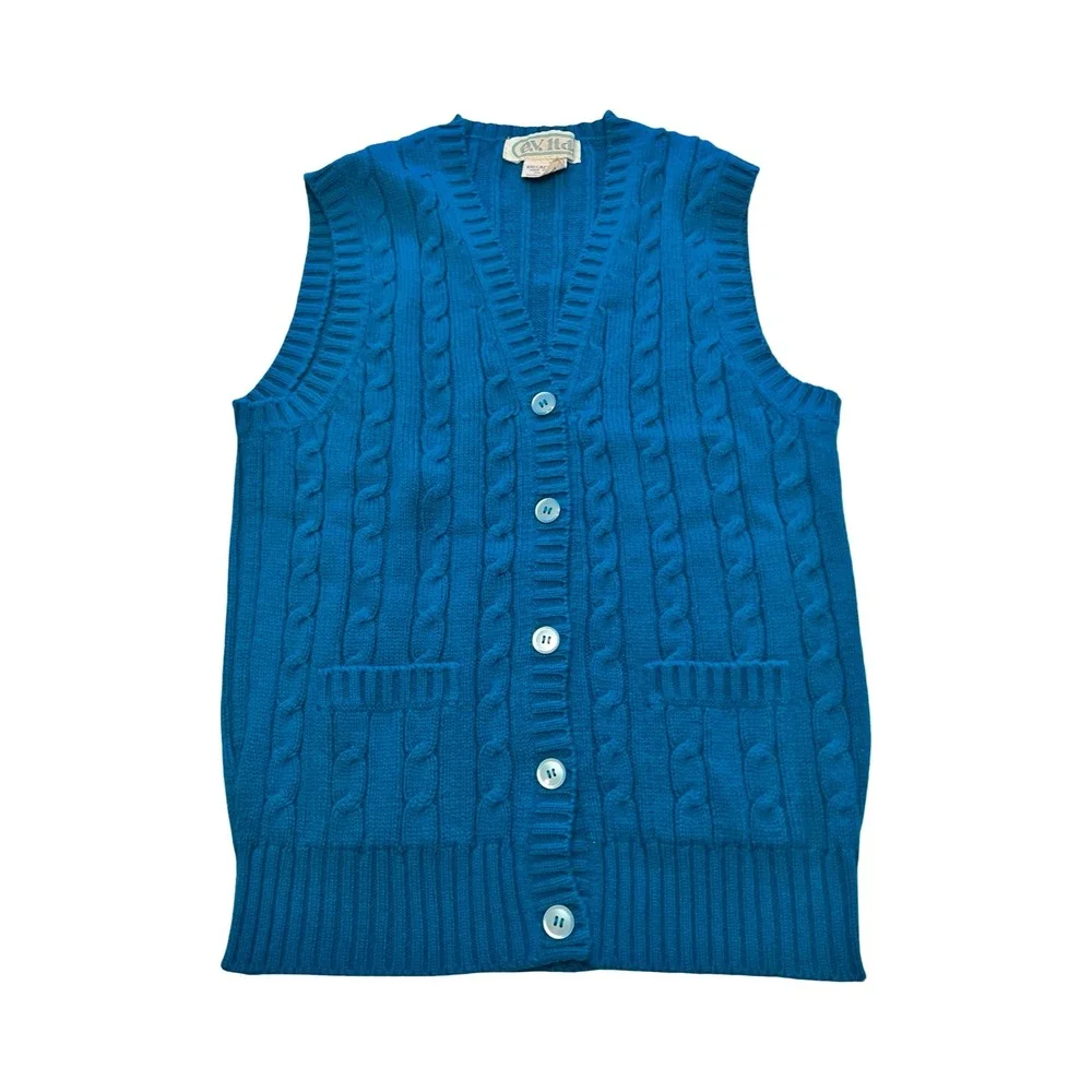 Vintage E.V. Ltd Blue Cable Knit Cardigan Vest Womens Large V-Neck Button Front